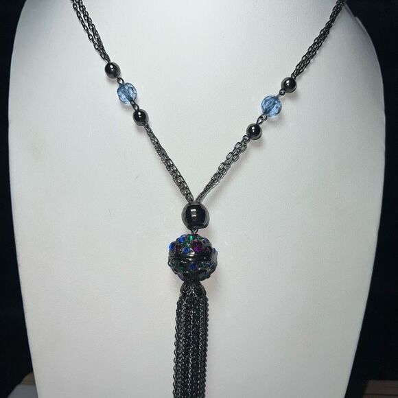 Gunmetal and Crystal Long Fringe Statement Necklace - Picture 2 of 11